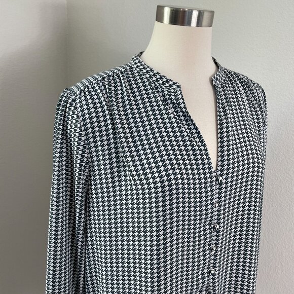 Ann Taylor Womens Large Green Houndstooth Button Up Blouse Long Sleeve Shirt - Picture 2 of 9